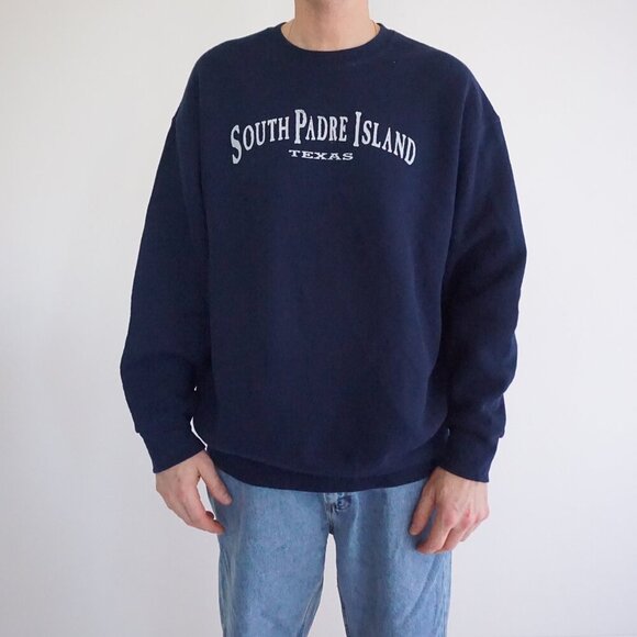 90S Fruits Of The Loom Navy South Padre Island Texas Travel Crew Neck Sweater XL - Picture 1 of 10
